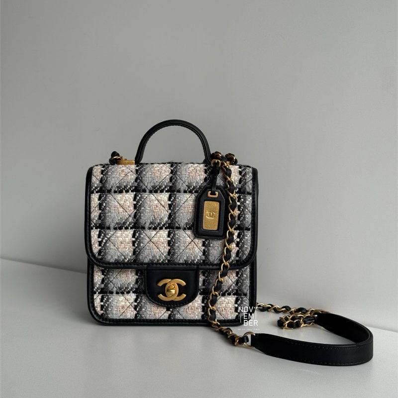 99新🆕 Chanel 香奈兒 22K格子毛呢豆腐斜背包-0