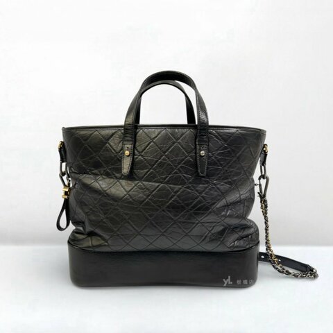 S5181-Chanel 黑復刻牛皮菱格三色鏈手提斜背流浪托特包