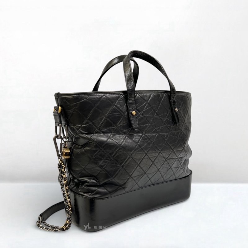 S5181-Chanel 黑復刻牛皮菱格三色鏈手提斜背流浪托特包-1