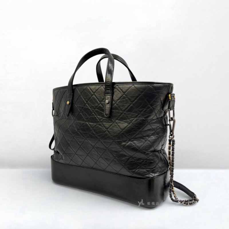 S5181-Chanel 黑復刻牛皮菱格三色鏈手提斜背流浪托特包-2