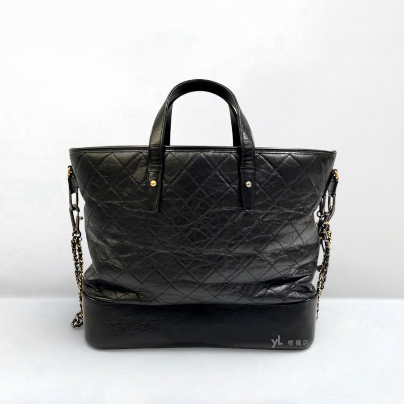 S5181-Chanel 黑復刻牛皮菱格三色鏈手提斜背流浪托特包-3