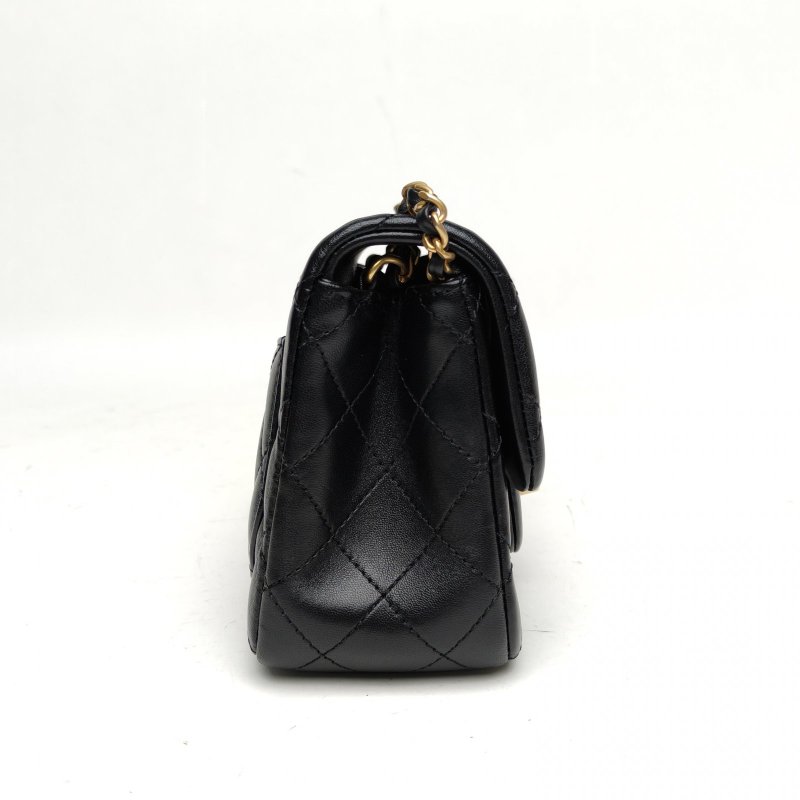 CHANEL CF口蓋包方胖子17黑色羊皮晶片金扣肩背包-3