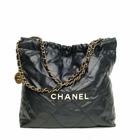 CHANEL 22BagTote托特包小號30黑色牛皮晶片白扣肩背包