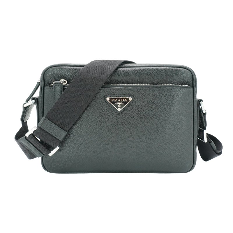 Prada 荔紋牛皮銀三角logo雙層拉鍊斜背包(2VH094-黑)-0