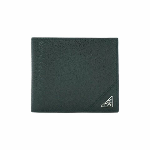 Prada 銀色三角logo荔紋牛皮對折零錢袋短夾(黑)