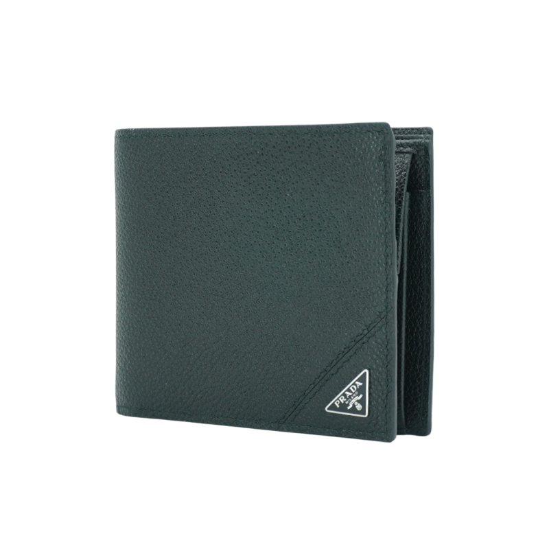 Prada 銀色三角logo荔紋牛皮對折零錢袋短夾(黑)-1