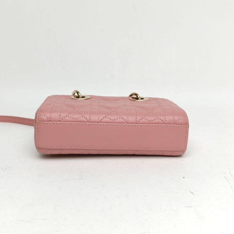 DIOR LadyD-Joy橫版戴妃包超迷你粉色羊皮金扣2023肩背包-4