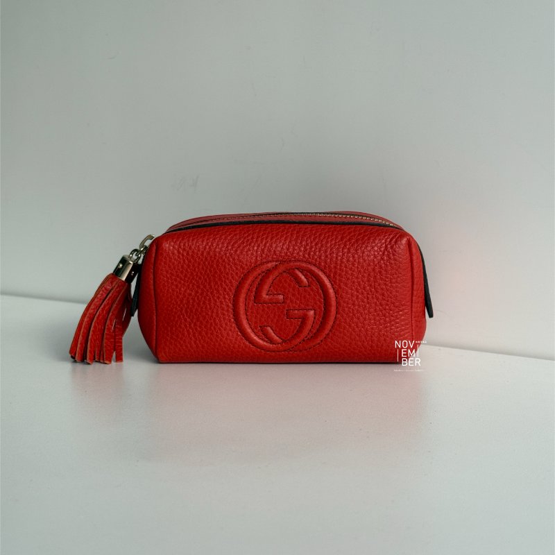 全新✨ Gucci 古馳 經典雙G Logo化妝包  橘紅色金釦-0