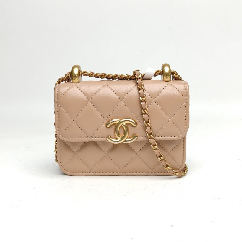 CHANEL 21ACF吸扣WOC奶茶色牛皮31開金珠皮穿鏈肩背包-0