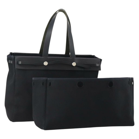 愛馬仕 Herbag Cabass GM 帆布手提包，兩用，黑色/銀色，正品 BAZ865A