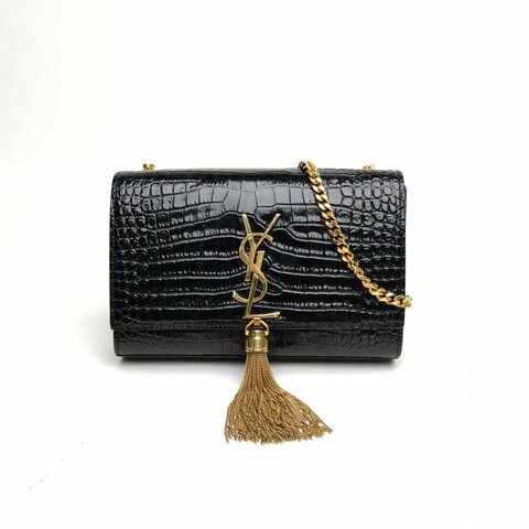 SAINT LAURENT KATEWoc鱷魚壓紋流蘇黑色牛皮金扣肩背包