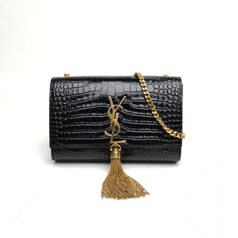 SAINT LAURENT KATEWoc鱷魚壓紋流蘇黑色牛皮金扣肩背包-0