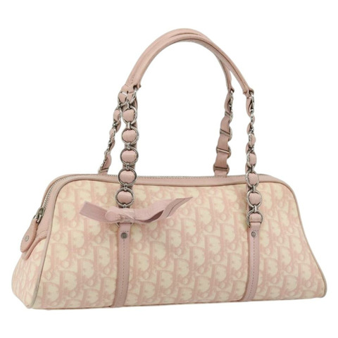 Christian Dior Trotter帆布鏈條浪漫包 PVC粉紅銀色 正品 175434A