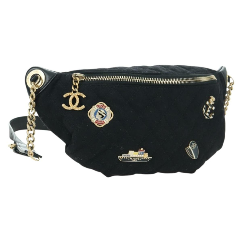 【日本直送】香奈兒 (CHANEL) 絎縫鏈條肩背包，棉質，黑色，金色雙C標誌，正品編號 175443SAM-0