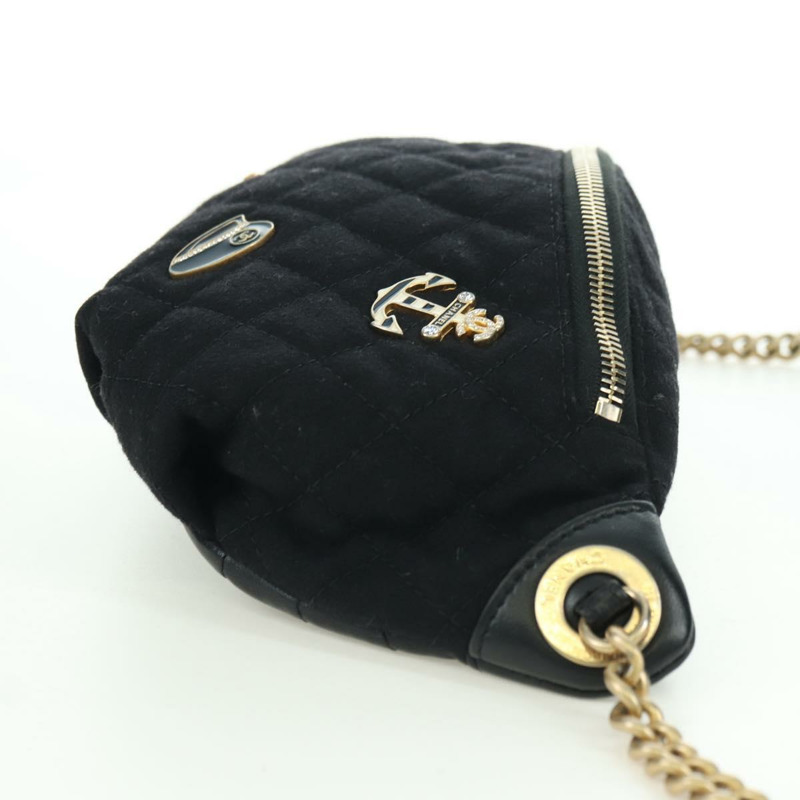 【日本直送】香奈兒 (CHANEL) 絎縫鏈條肩背包，棉質，黑色，金色雙C標誌，正品編號 175443SAM-3