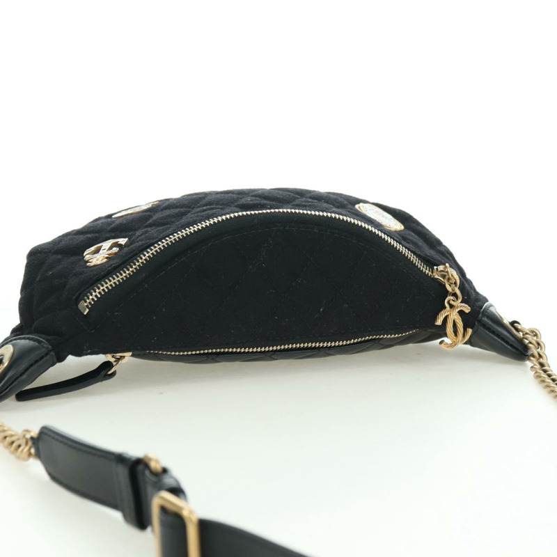 【日本直送】香奈兒 (CHANEL) 絎縫鏈條肩背包，棉質，黑色，金色雙C標誌，正品編號 175443SAM-5