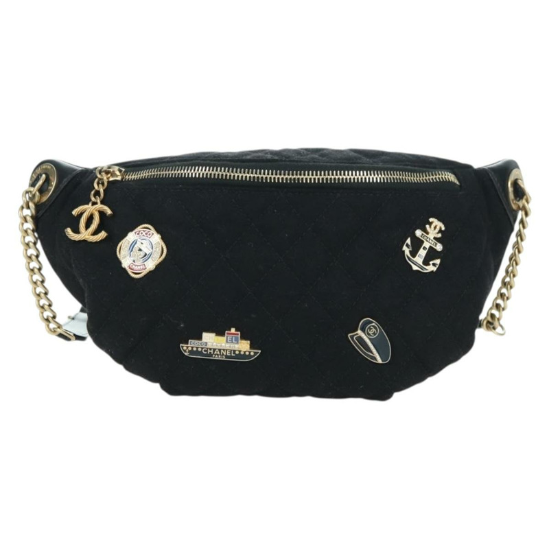 【日本直送】香奈兒 (CHANEL) 絎縫鏈條肩背包，棉質，黑色，金色雙C標誌，正品編號 175443SAM-12