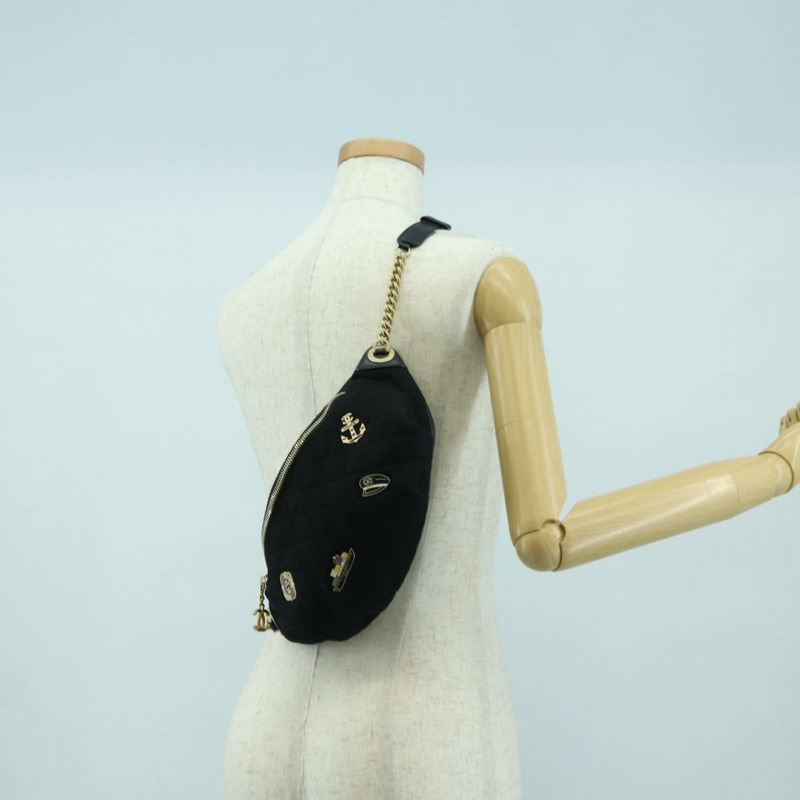 【日本直送】香奈兒 (CHANEL) 絎縫鏈條肩背包，棉質，黑色，金色雙C標誌，正品編號 175443SAM-28