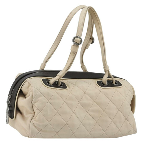 香奈兒 (CHANEL) 絎縫波士頓包，羊皮，象牙色，銀色，CC標誌，正品 YKZ1338A