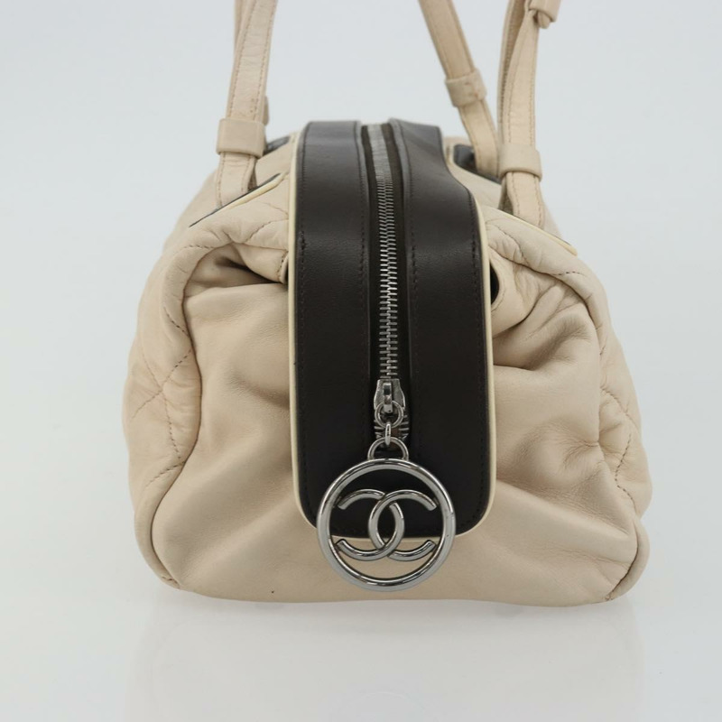 【日本直送】香奈兒 (CHANEL) 絎縫波士頓包，羊皮，象牙色，銀色，CC標誌，正品 YKZ1338A-3