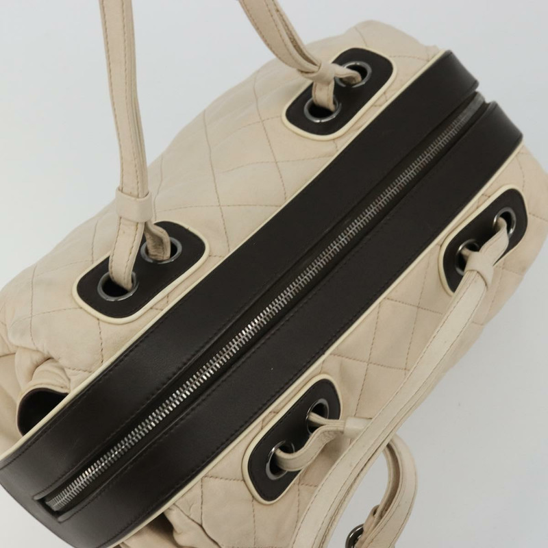【日本直送】香奈兒 (CHANEL) 絎縫波士頓包，羊皮，象牙色，銀色，CC標誌，正品 YKZ1338A-5
