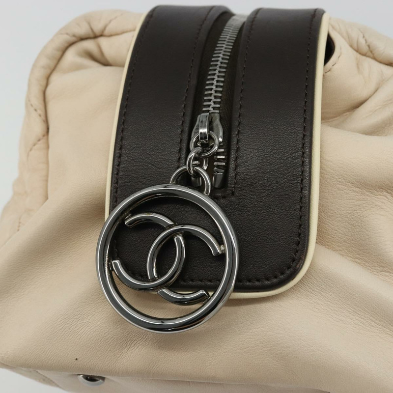 【日本直送】香奈兒 (CHANEL) 絎縫波士頓包，羊皮，象牙色，銀色，CC標誌，正品 YKZ1338A-9
