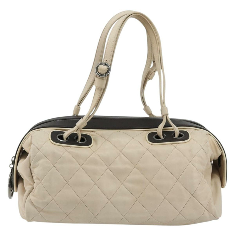 【日本直送】香奈兒 (CHANEL) 絎縫波士頓包，羊皮，象牙色，銀色，CC標誌，正品 YKZ1338A-12