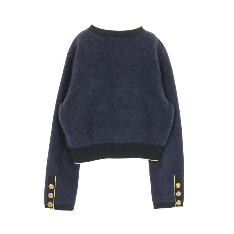 香奈兒 COCO 標誌紐帶開襟羊毛衫外套，棉質，海軍藍/黑色/金色，二手女款 #36 CC-1