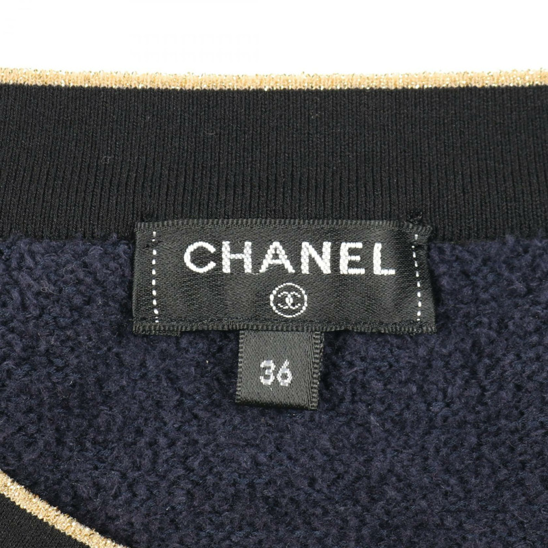 香奈兒 COCO 標誌紐帶開襟羊毛衫外套，棉質，海軍藍/黑色/金色，二手女款 #36 CC-2