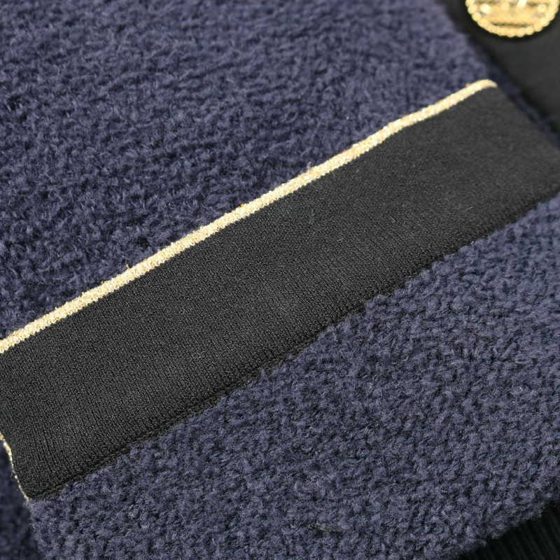 香奈兒 COCO 標誌紐帶開襟羊毛衫外套，棉質，海軍藍/黑色/金色，二手女款 #36 CC-7