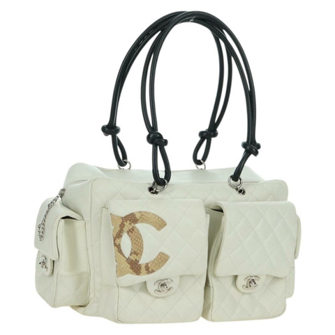 香奈兒 Cambon 系列絎縫手提包，白色銀色雙C標誌皮革，正品 YKZ1328SAV