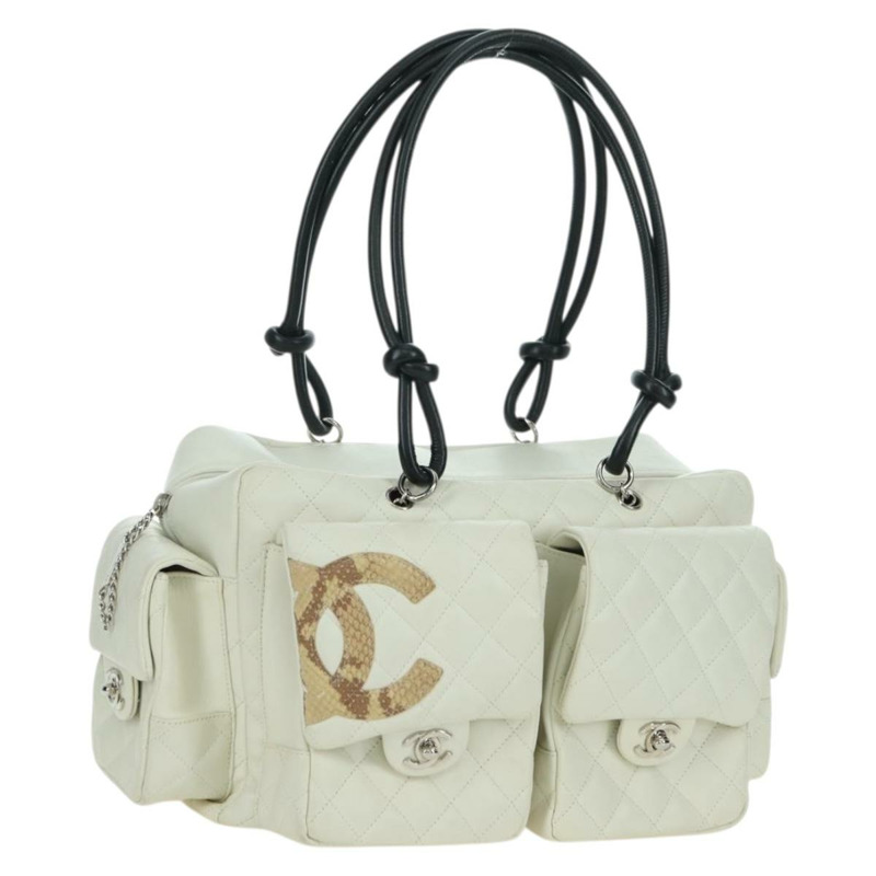 【日本直送】香奈兒 Cambon 系列絎縫手提包，白色銀色雙C標誌皮革，正品 YKZ1328SAV-0