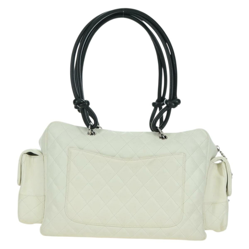 【日本直送】香奈兒 Cambon 系列絎縫手提包，白色銀色雙C標誌皮革，正品 YKZ1328SAV-1