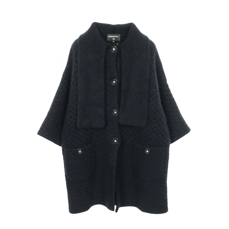 香奈兒 COCO 標誌紐扣針織外套 P56989K07457 羊絨真絲海軍藍 二手女裝-0