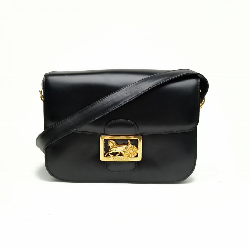 CELINE 黑色牛皮金扣中古馬車扣單肩包肩背包-0
