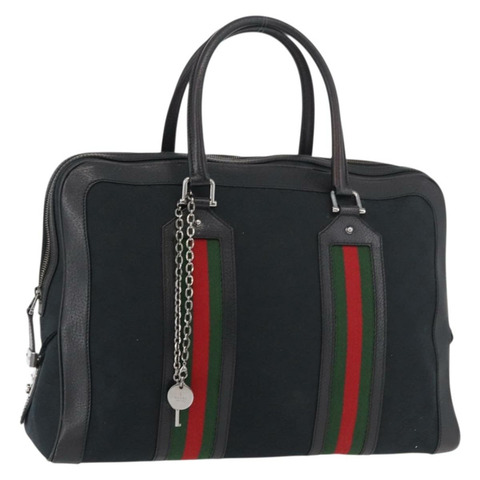 GUCCI GG帆布織帶雪莉系列手提包 黑色 銀色 紅色 145997 正品 ka3881A