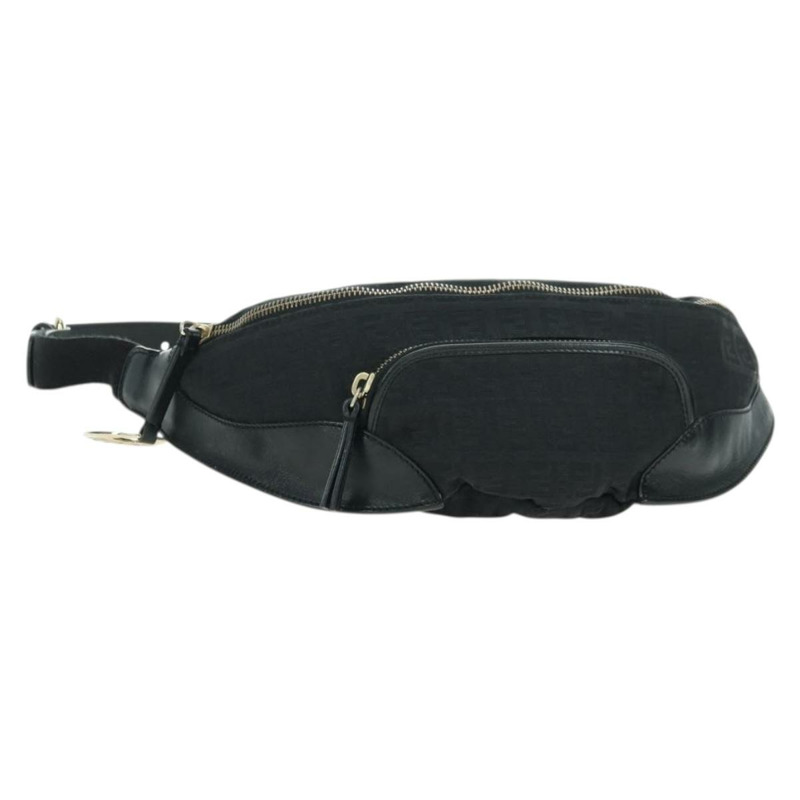 【日本直送】FENDI Zucchino帆布Mamma Baguette腰包 黑色金色 Auth am11355V-0