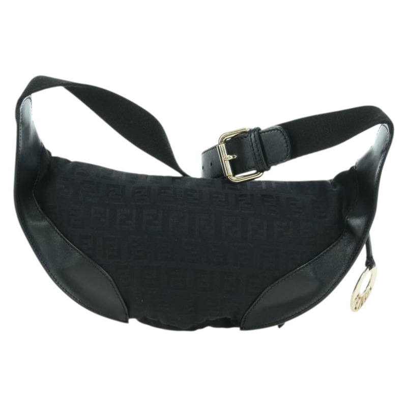 【日本直送】FENDI Zucchino帆布Mamma Baguette腰包 黑色金色 Auth am11355V-1
