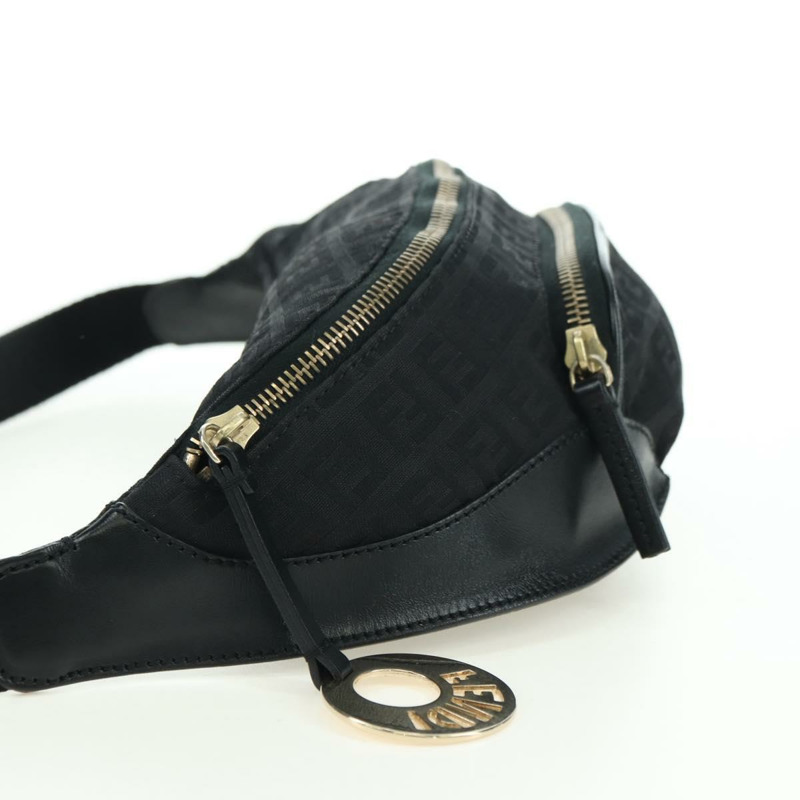 【日本直送】FENDI Zucchino帆布Mamma Baguette腰包 黑色金色 Auth am11355V-2