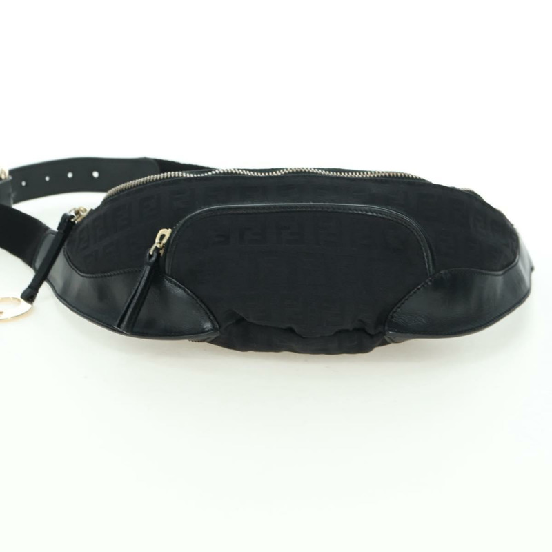 【日本直送】FENDI Zucchino帆布Mamma Baguette腰包 黑色金色 Auth am11355V-4