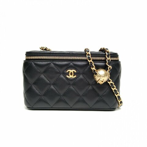 CHANEL 長盒子化妝包黑色金扣羊皮金球調節扣肩背包