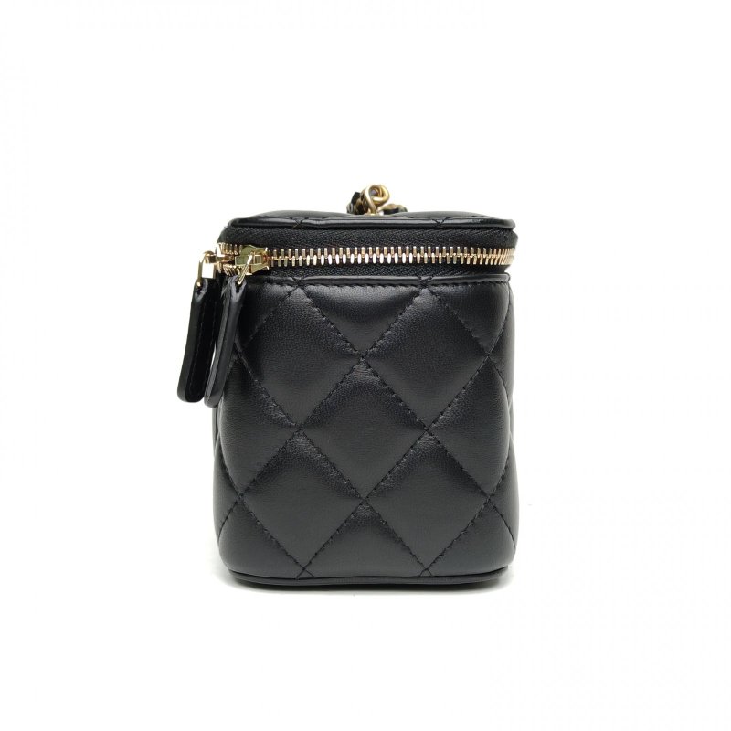 CHANEL 長盒子化妝包黑色金扣羊皮金球調節扣肩背包-3