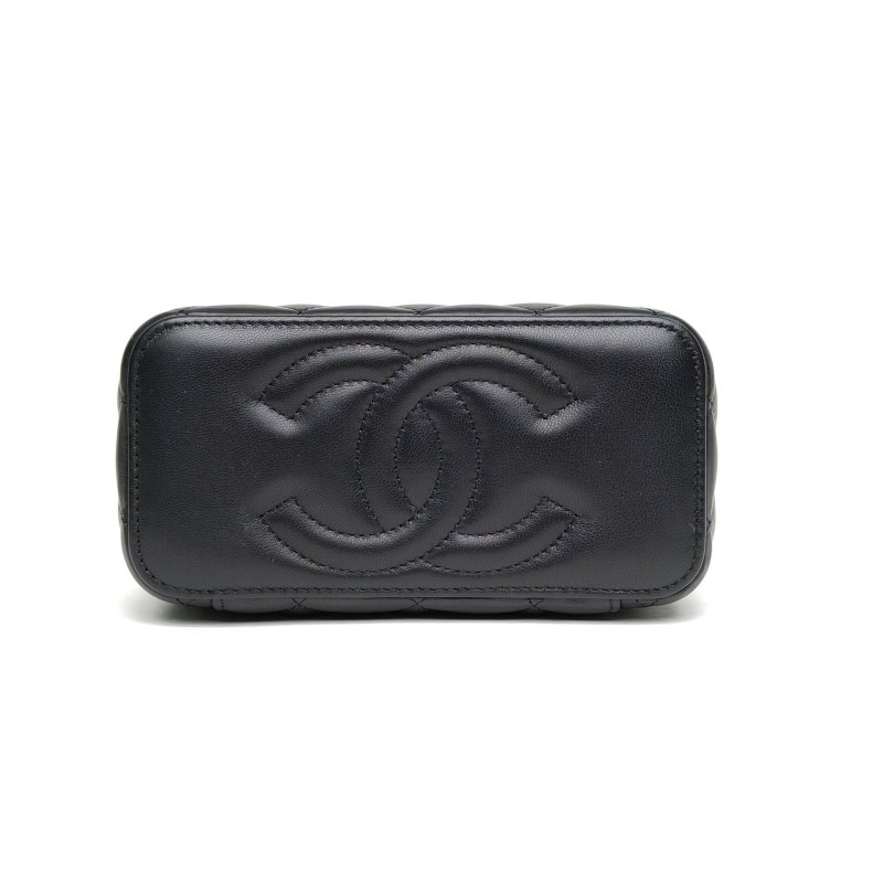 CHANEL 長盒子化妝包黑色金扣羊皮金球調節扣肩背包-4