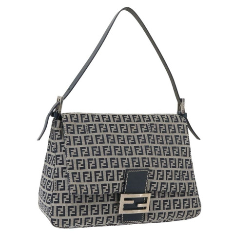 FENDI Zucchino 帆布 Mamma Baguette 單肩包 海軍藍 銀色 正品 176566V