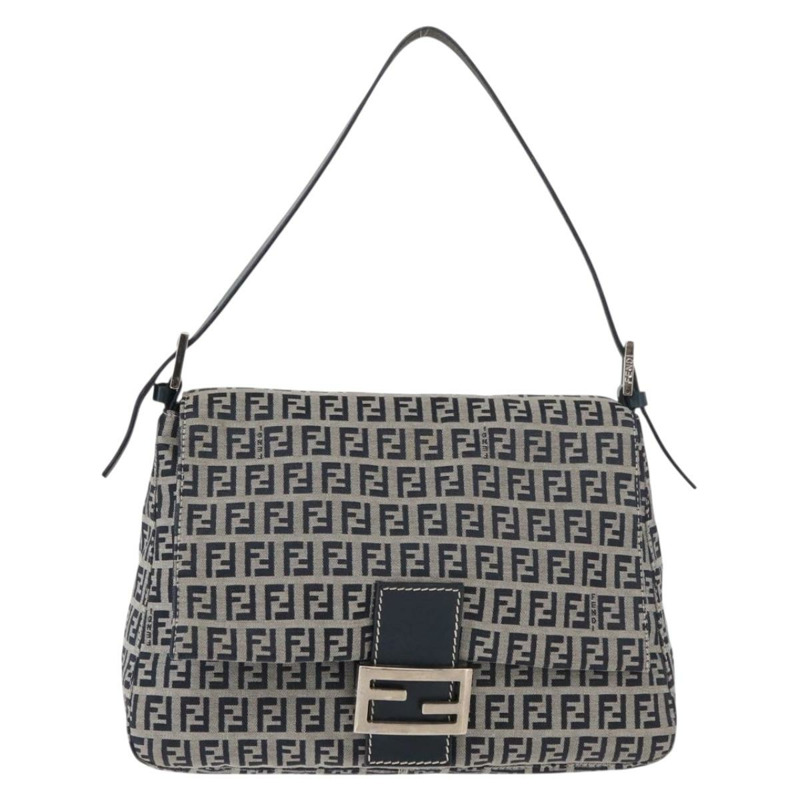 【日本直送】FENDI Zucchino 帆布 Mamma Baguette 單肩包 海軍藍 銀色 正品 176566V-12