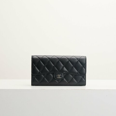 二手Chanel CF長夾/黑銀羊