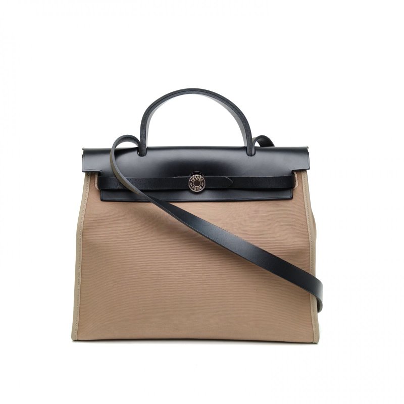 HERMES Herbag31大象灰拼黑色帆布/牛皮C刻銀扣肩背包-0