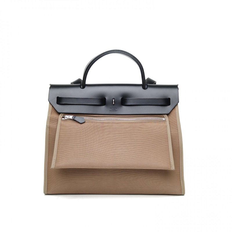 HERMES Herbag31大象灰拼黑色帆布/牛皮C刻銀扣肩背包-2