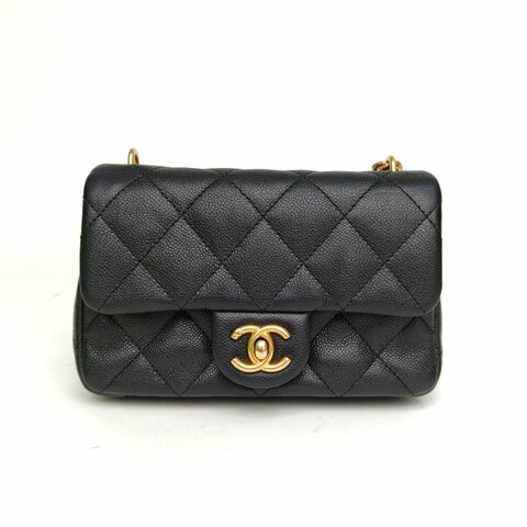 CHANEL 23PCF口蓋包黑色荔枝牛皮晶片金扣愛心金球肩背包