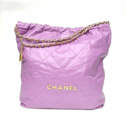 CHANEL 22BagTote托特包大號紫色牛皮晶片開金扣肩背包